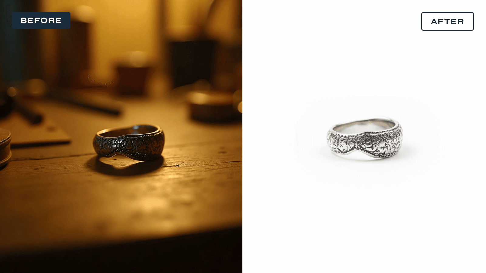 Before-and-after of a handmade ring photographed for an Etsy listing — a dim phone snapshot next to the same ring as a bright, sharp, white-background product photo.