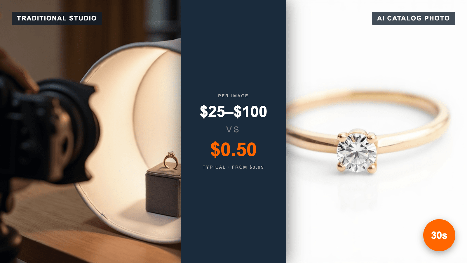 Split-screen comparison of traditional jewelry studio photography (DSLR, light tent) and AI-generated jewelry catalog photo on white background.