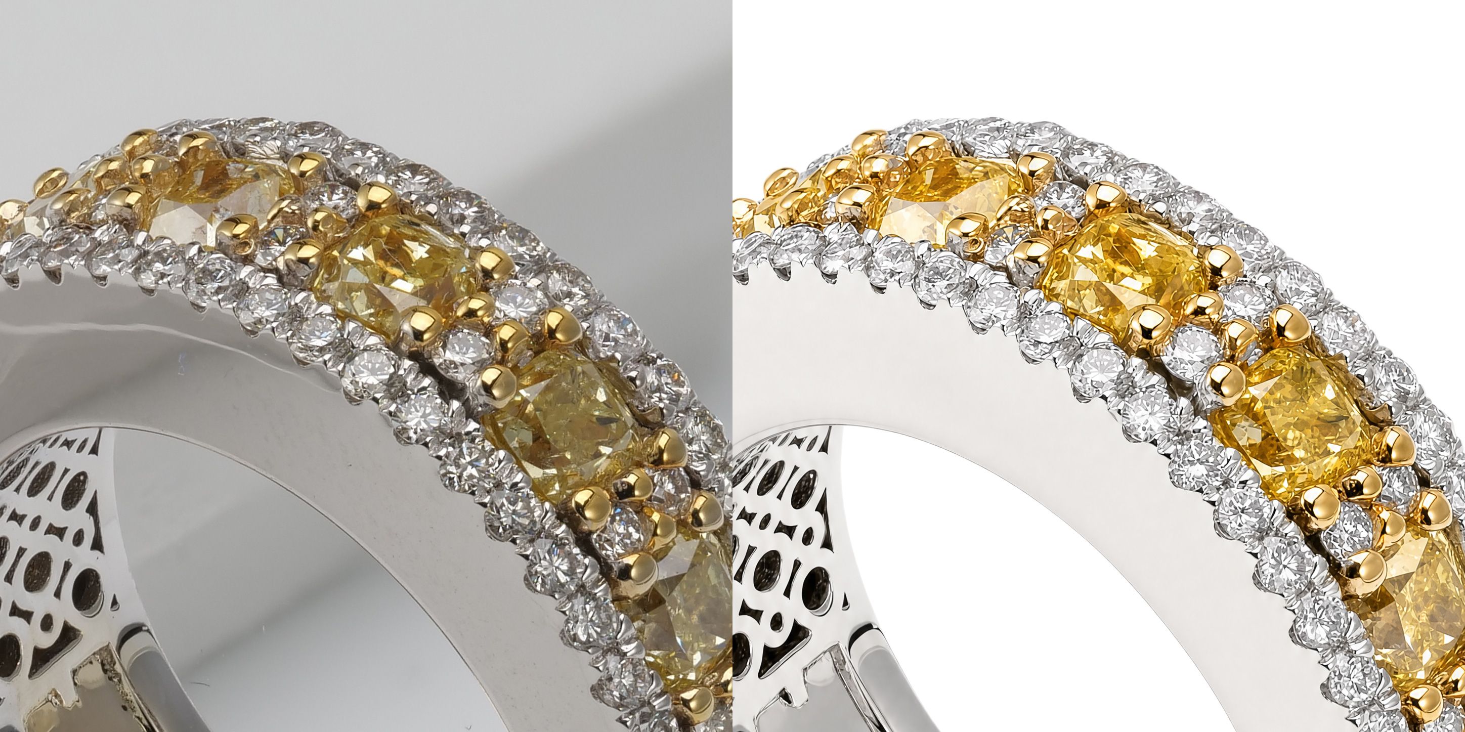 Before-and-after close-up of a fancy-yellow and white pavé eternity band — each small stone stays individually defined after NeuroViz retouching