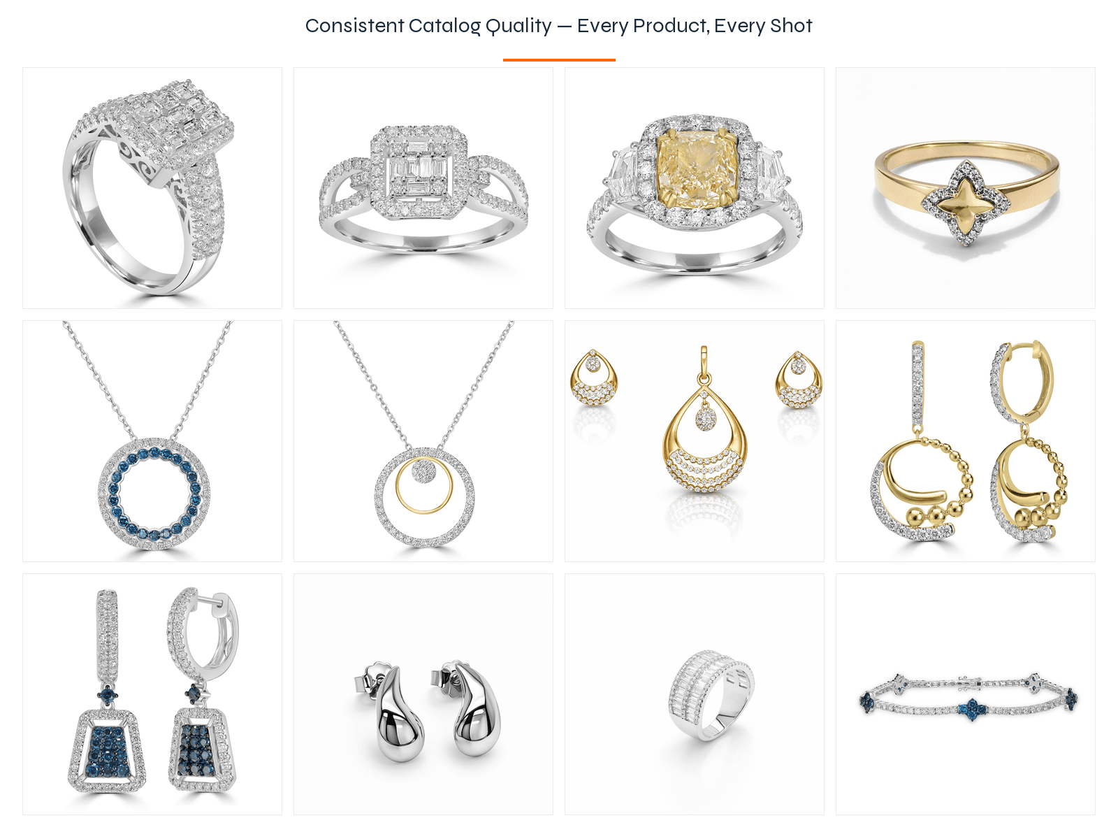 A grid of many jewelry product photos from one catalog — rings, necklaces, earrings — all on identical clean white backgrounds with matching tone and shadow, showing a consistent brand look across the collection