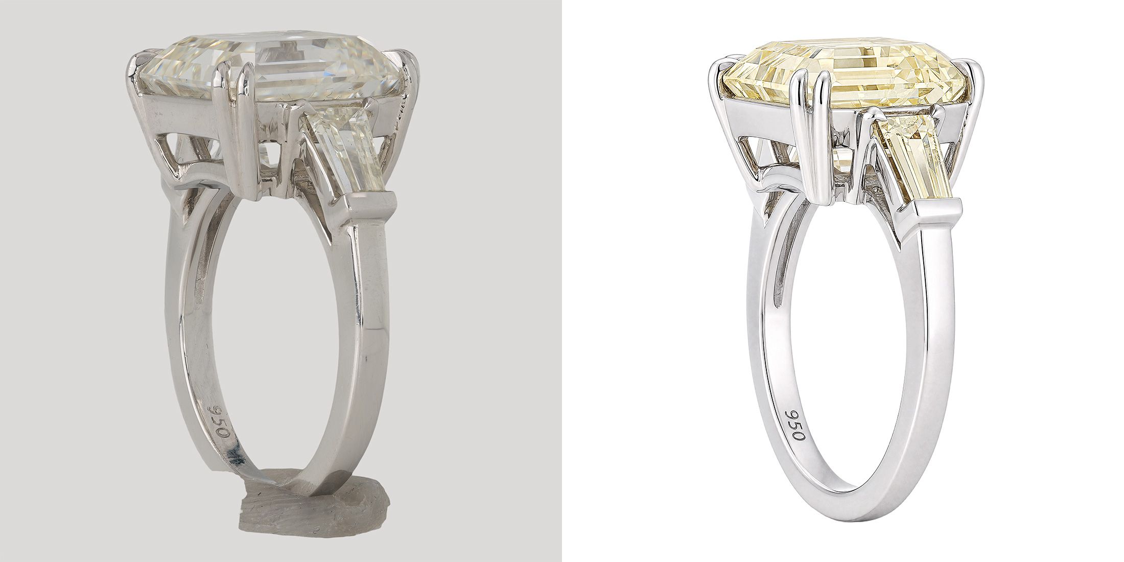 Before-and-after close-up of a platinum solitaire — the double-claw prongs and 950 hallmark are unchanged after retouching