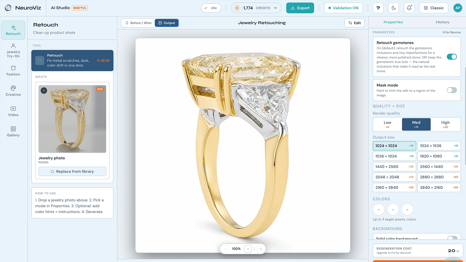 The NeuroViz Retouch screen: a raw ring photo on a grey background in the inputs panel, the retouched result on clean white in the main canvas, and the properties panel showing output sizes including 2048 × 2048 and the solid colour background control