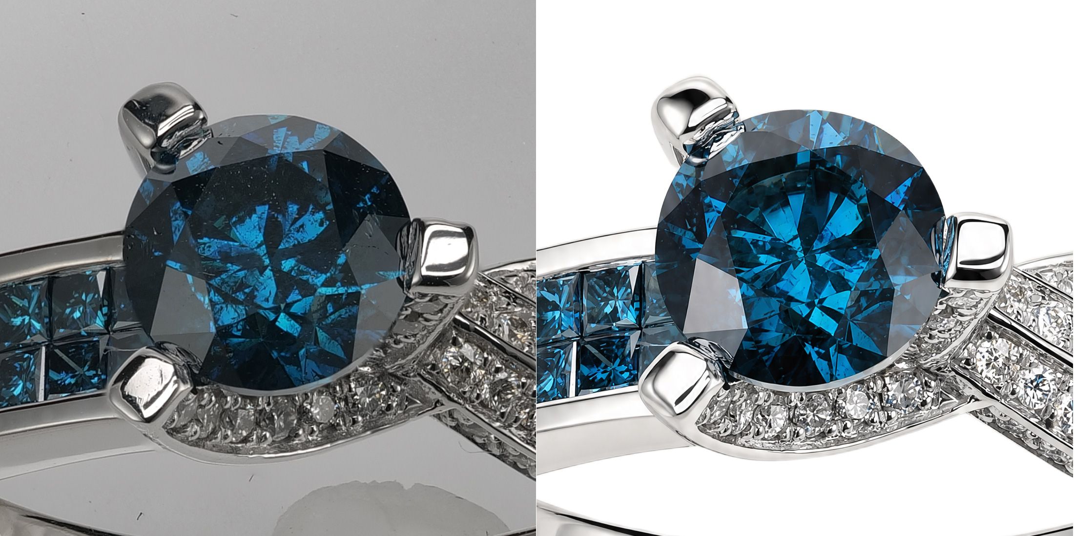Before-and-after close-up of a blue round diamond with channel-set baguettes — facet edges and true blue color preserved after retouching