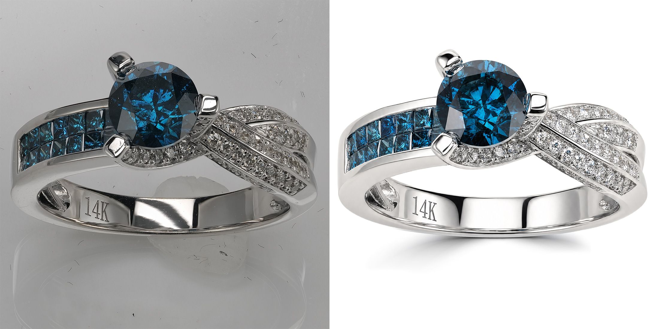 Before and after: 14K white gold ring with a blue diamond, retouched by NeuroViz AI and placed on an exact pure white background