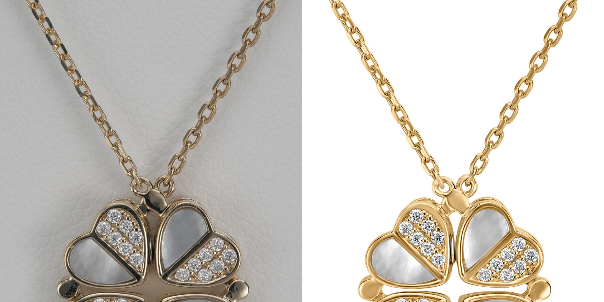 Before-and-after close-up of a fine gold chain and clover pendant — individual links stay separate after retouching and background cleanup