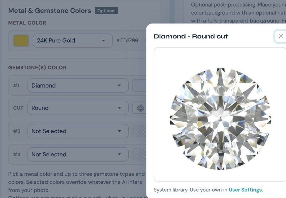 The Metal & Gemstone Colors panel in the NeuroViz retoucher: Gemstone #1 set to Diamond with the cut set to Round, and a preview showing the round brilliant facet pattern the AI will apply
