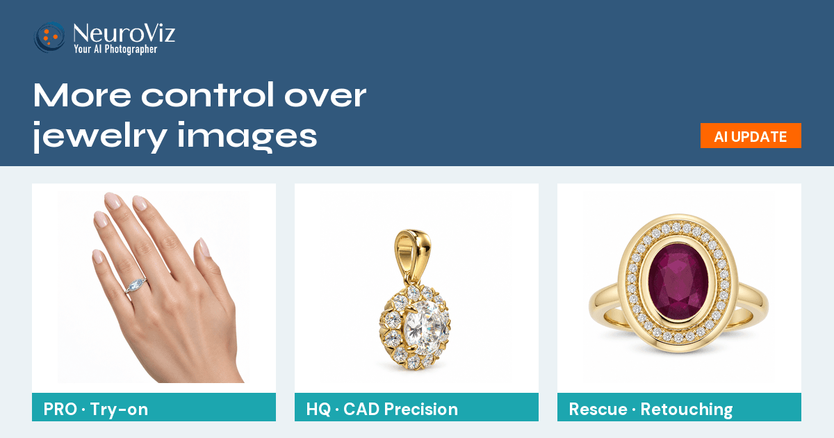 NeuroViz PRO ring try-on, HQ CAD pendant visualization and Rescue ring retouching examples.