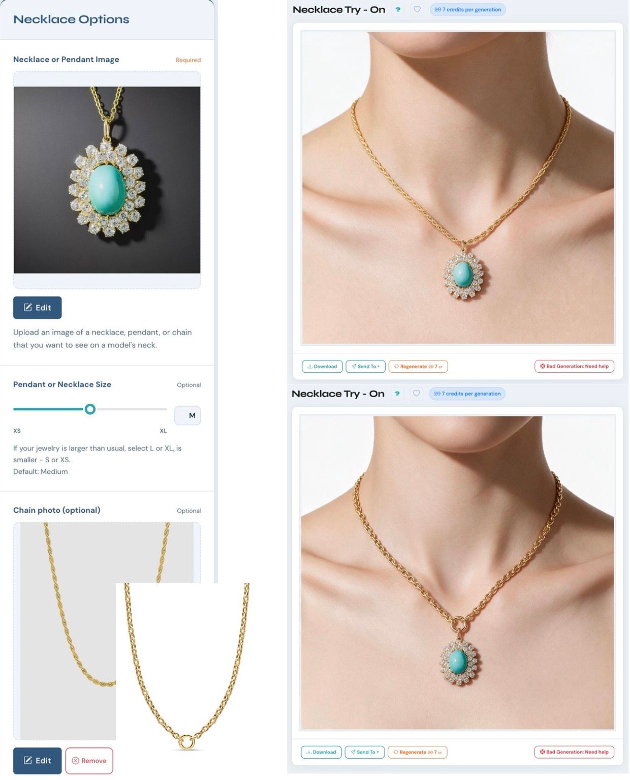 Necklace Try-On with a turquoise and diamond pendant and an optional chain photo: the same pendant on a gold rope chain and on a gold cable chain