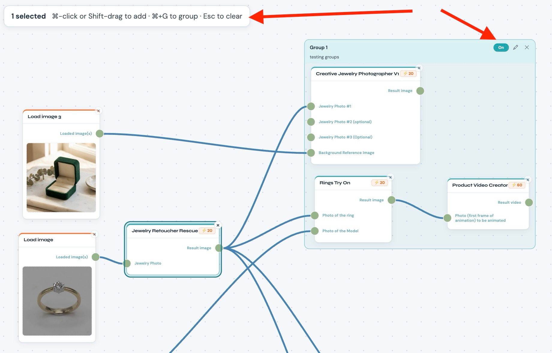 NeuroViz Workflows canvas: a group frame with an On switch holding a creative photo step, a ring try-on step and a video step, fed by a Jewelry Retoucher Rescue step and two Load image nodes
