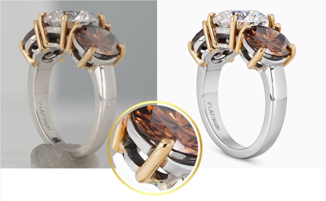 Before and after with the new PRO model in Jewelry Retoucher Precision: a platinum three-stone ring with a diamond and two brown stones, shot on a putty stand against grey, then retouched on clean white, with a close-up of a prong and stone