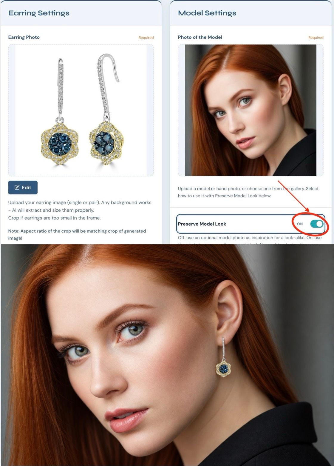 Earrings Try On with Preserve Model Look switched on: the earring photo and the model photo in the app, and below, the result with the same red-haired model wearing the blue and yellow gold flower drop earrings