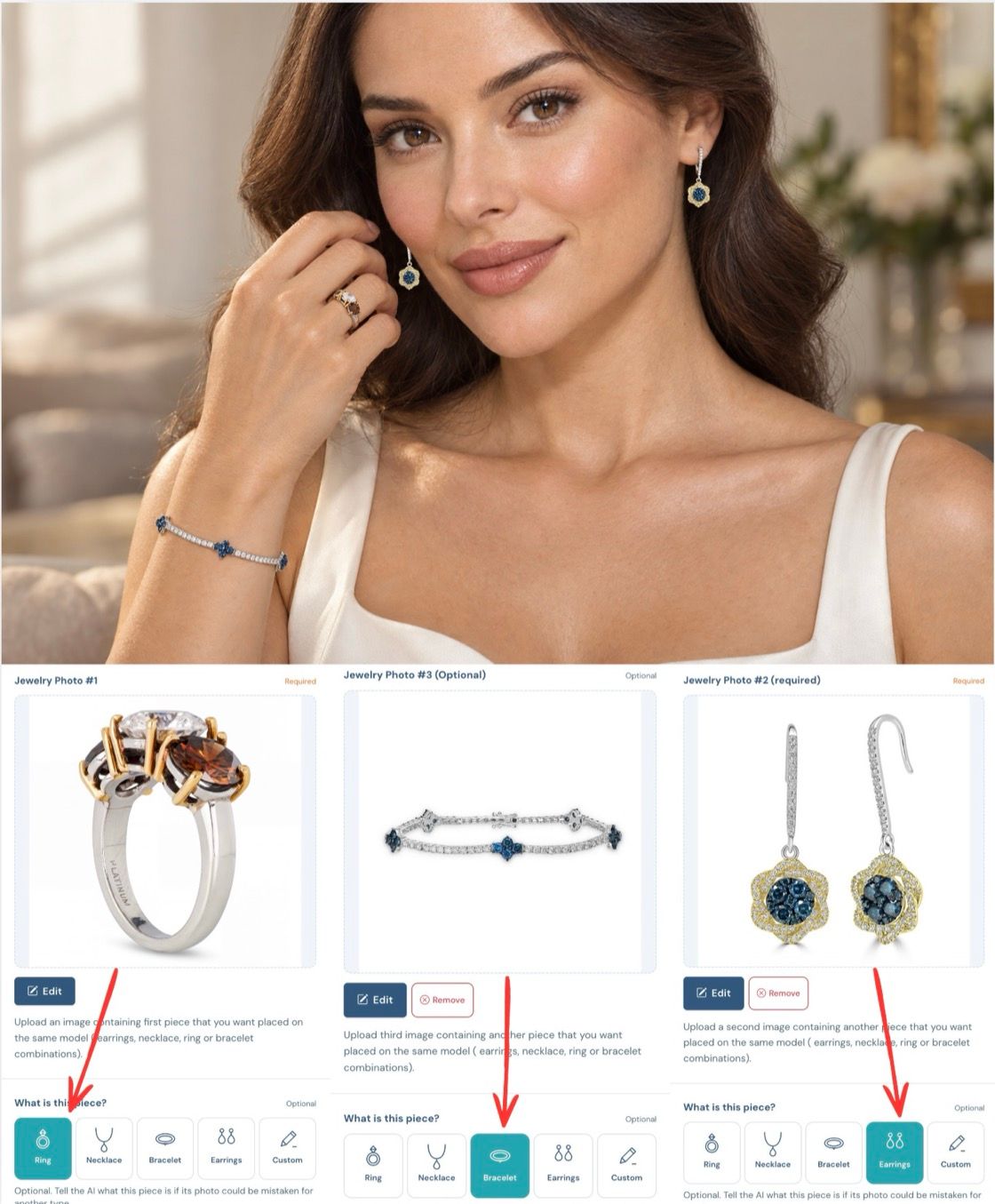 Jewelry Set Try-On: the three-stone ring, a tennis bracelet with blue flower stations and the blue drop earrings, with Ring, Bracelet and Earrings picked under each photo, and the result with all three worn by one model