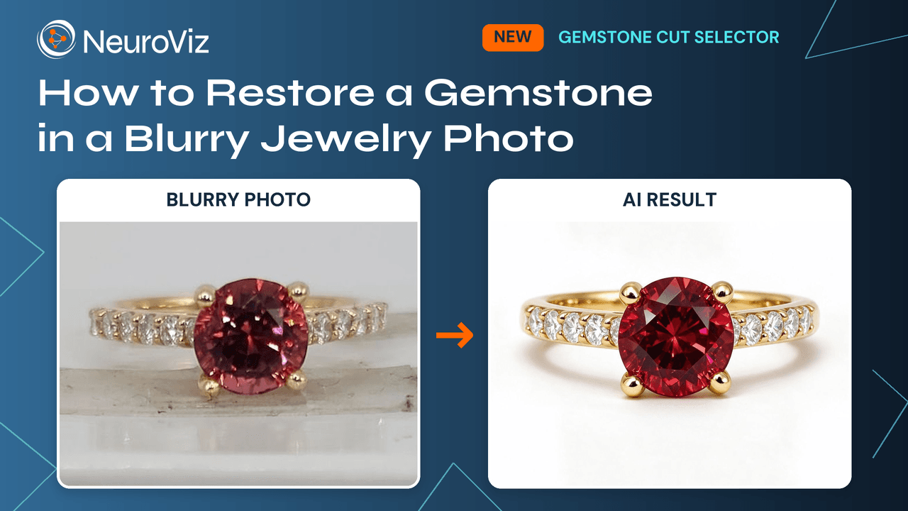 Side by side: a blurry photo of a ruby ring with a dark, out-of-focus center stone, and the AI result with a sharp round-cut ruby and clean pavé diamonds in yellow gold