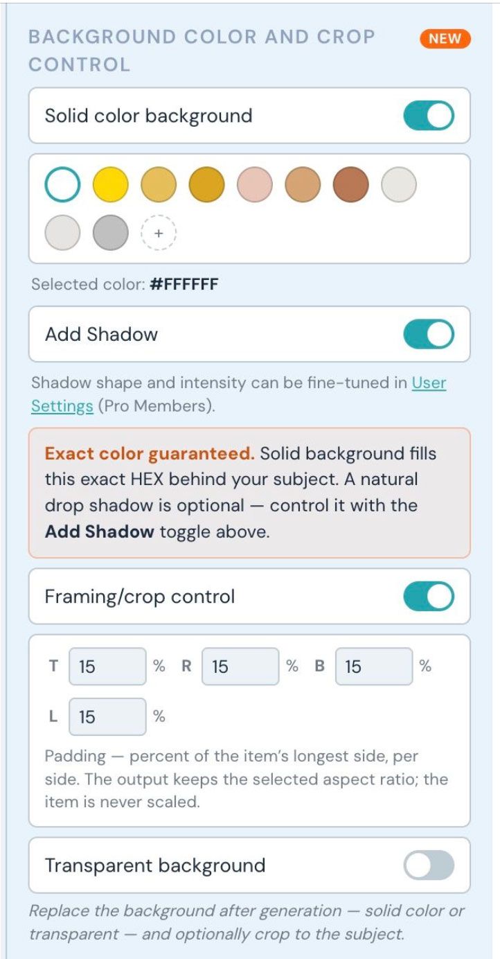 Background color and crop control panel in NeuroViz AI Studio and the Shopify app, with the unified color palette