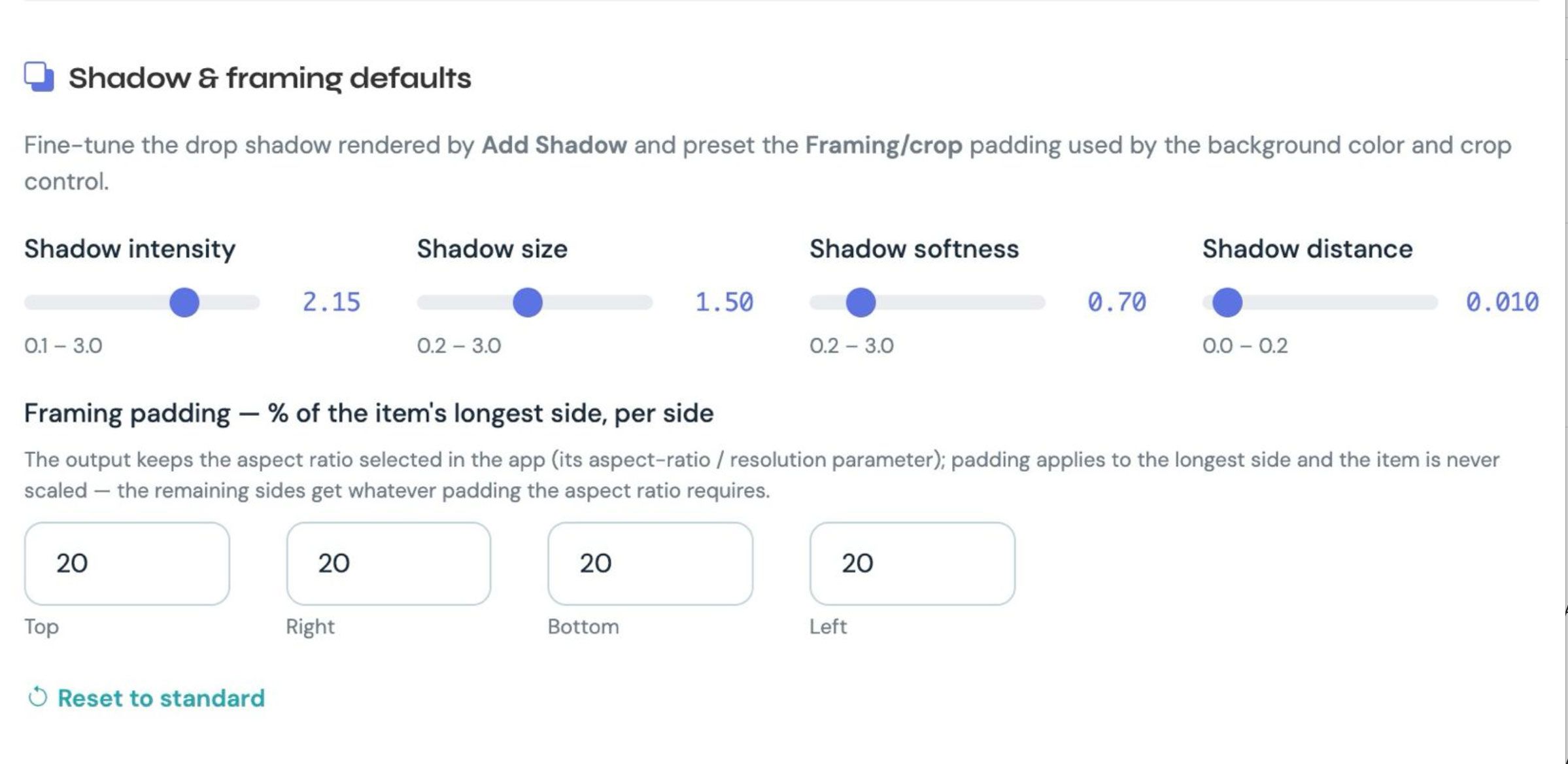Shadow and framing defaults in User Settings for Pro Members: shadow intensity, size, softness, distance, and framing padding per side